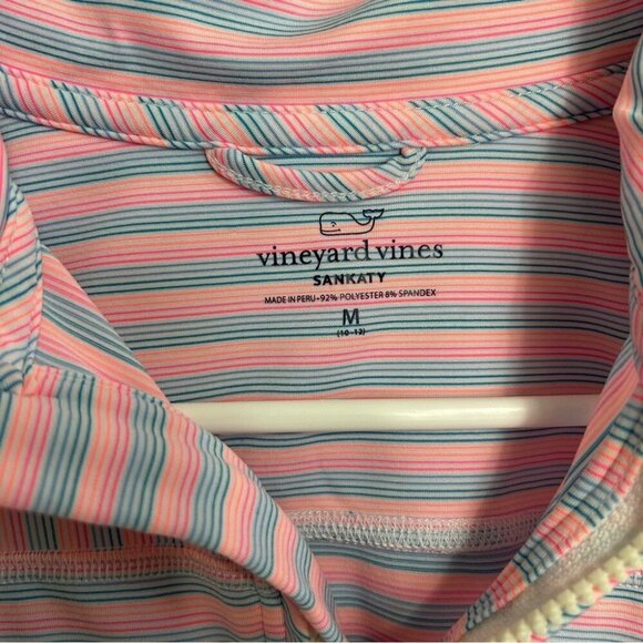 Vineyard Vines Girls Performance Sankaty Shep Pink Blue Striped Shirt Size 10/12 - Picture 4 of 6